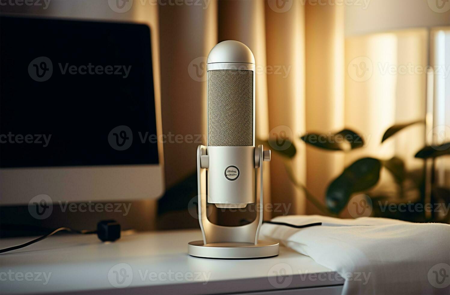 Retro microphone on table in recording studio, closeup. Space for text AI Generated photo