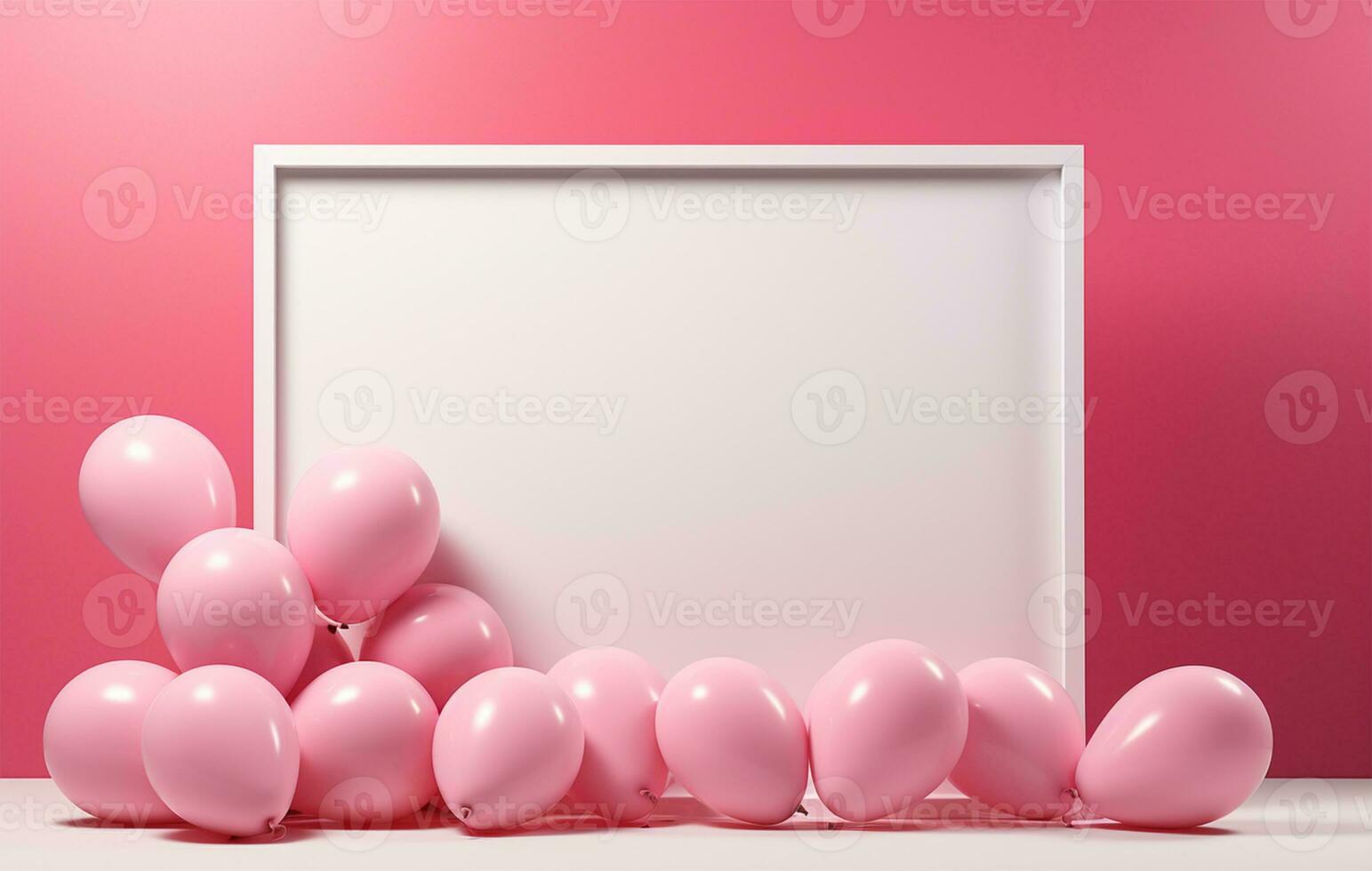 blanco marco con rosado globos y papel picado en rosado antecedentes. bebé ducha celebracion ai generado foto