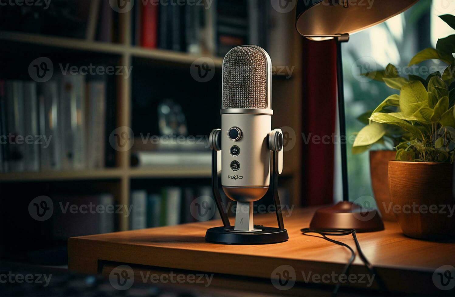 Retro microphone on table in recording studio, closeup. Space for text AI Generated photo