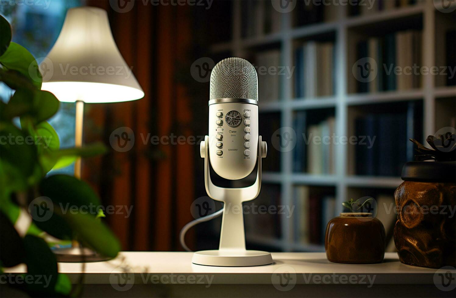 Retro microphone on table in recording studio, closeup. Space for text AI Generated photo