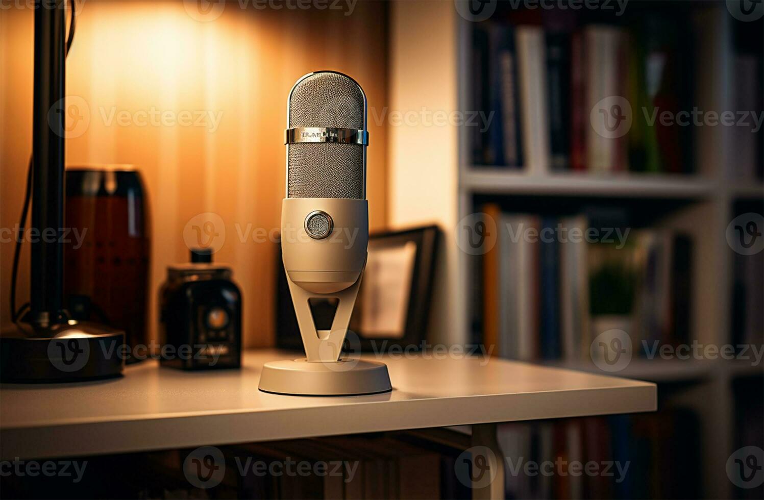 Retro microphone on table in recording studio, closeup. Space for text AI Generated photo