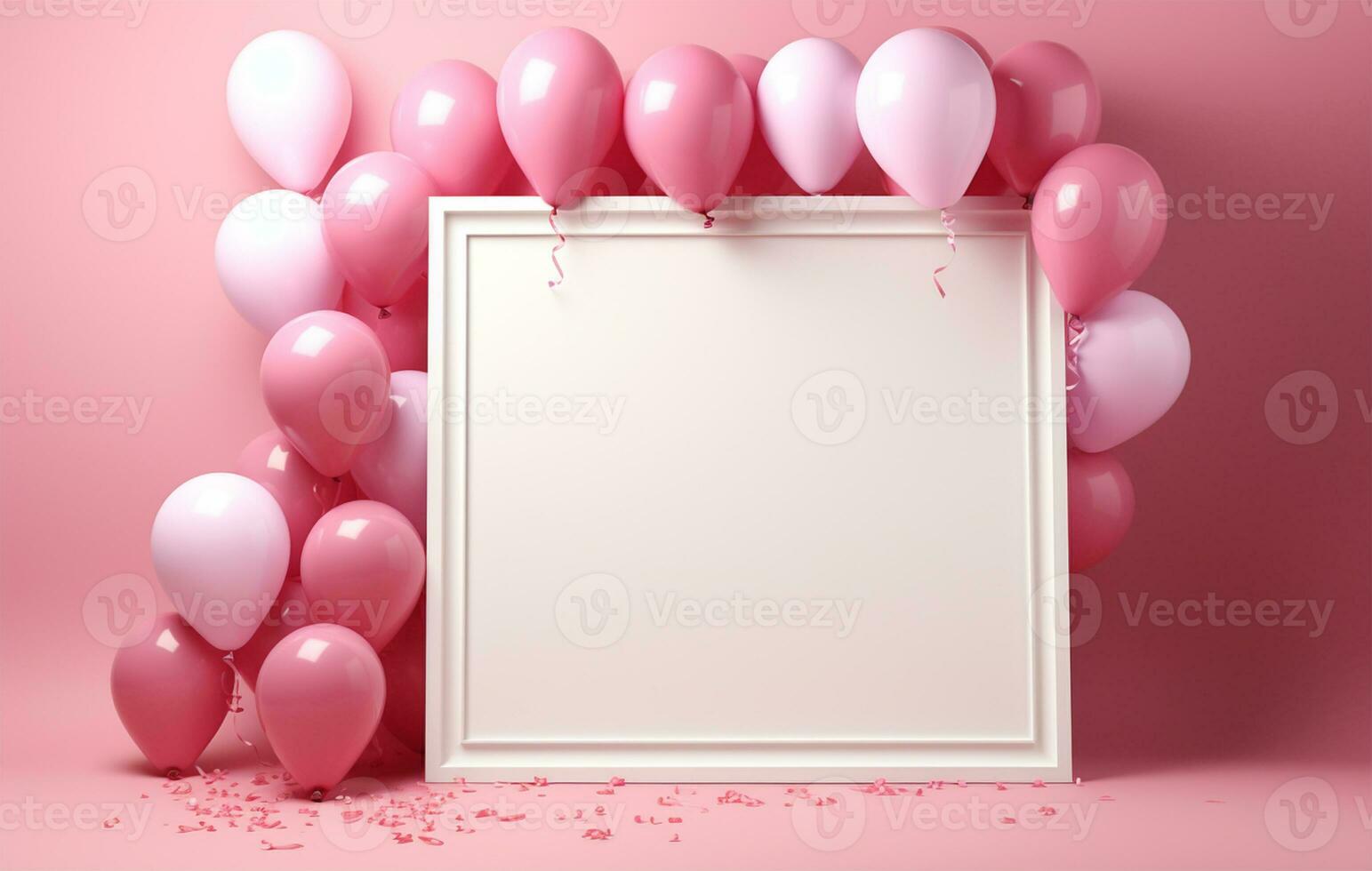 blanco marco con rosado globos y papel picado en rosado antecedentes. bebé ducha celebracion ai generado foto