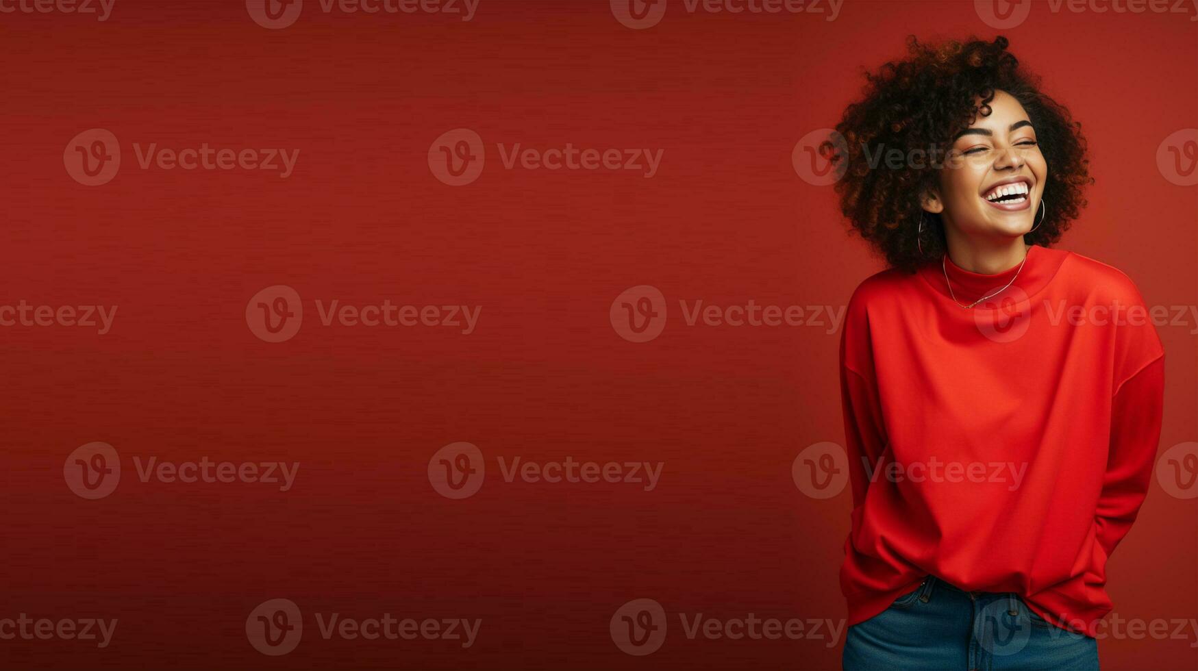 Portrait of young african american woman with afro hairstyle in red sweater on background AI Generated photo