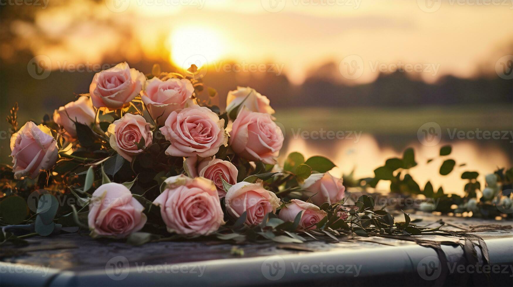 Pink roses on the grave in the cemetery at sunset, shallow depth of field AI Generated photo