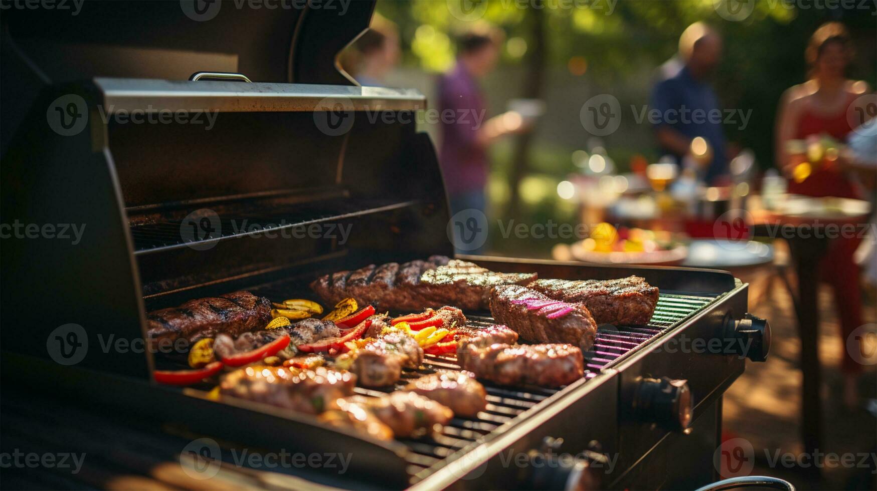 Barbecue grill with delicious grilled meat, vegetables and other food on summer party AI Generated photo