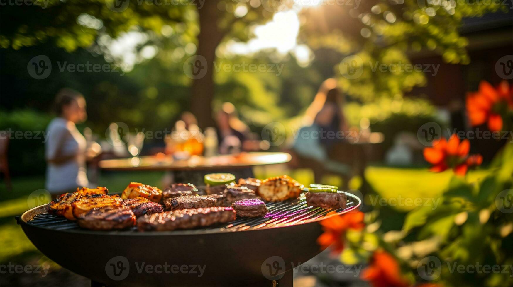 Barbecue grill with delicious grilled meat, vegetables and other food on summer party AI Generated photo