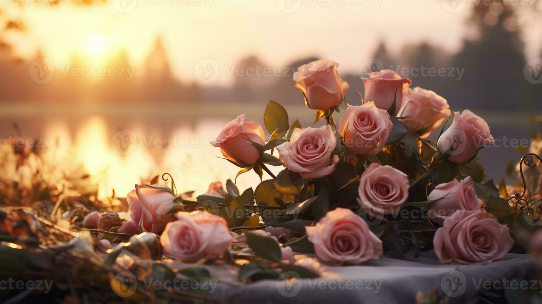 Pink roses on the grave in the cemetery at sunset, shallow depth of field AI Generated photo