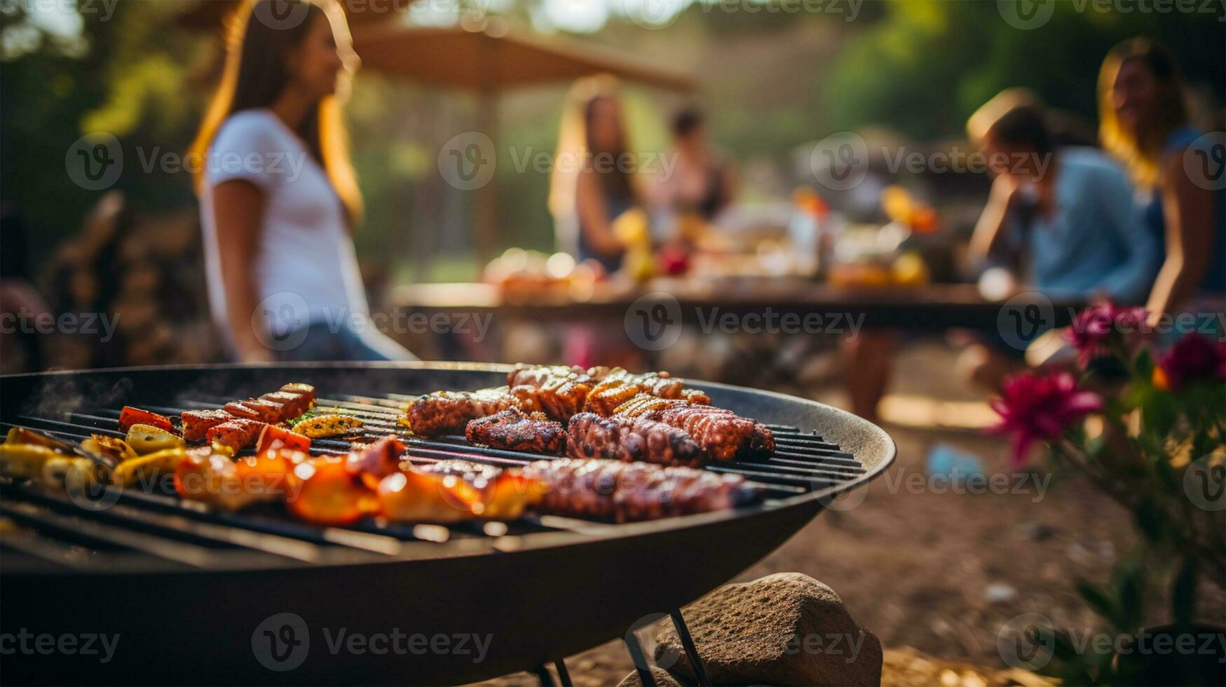 Barbecue grill with delicious grilled meat, vegetables and other food on summer party AI Generated photo