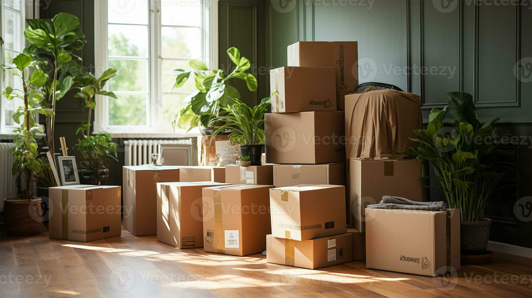 Moving boxes in new house, moving day concept, vintage toned AI Generated photo