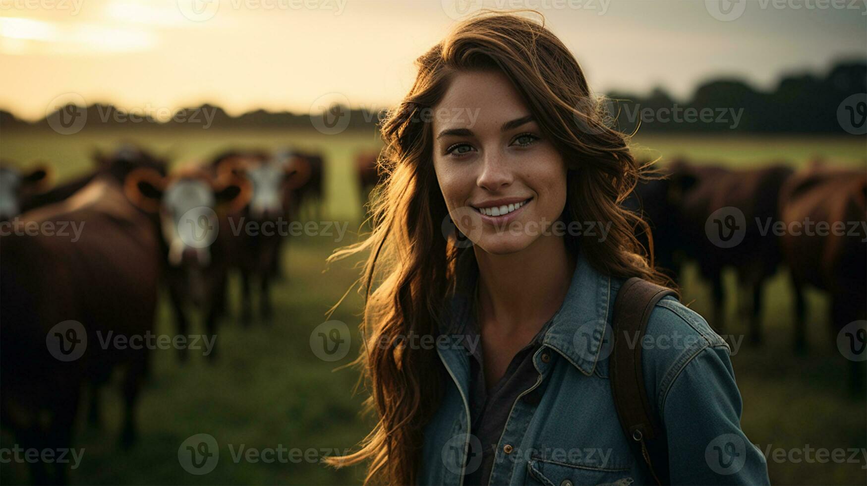 Portrait of smiling young woman looking at camera while standing in field with cows AI Generated photo