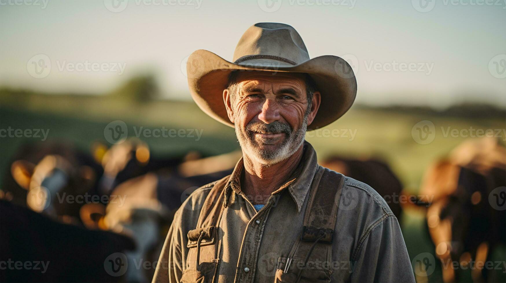 granjero en pie en frente de manada de vacas a puesta de sol. atención en hombre ai generado foto