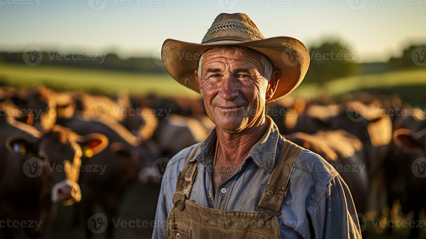 Farmer standing in front of herd of cows at sunset. Focus on man AI Generated photo