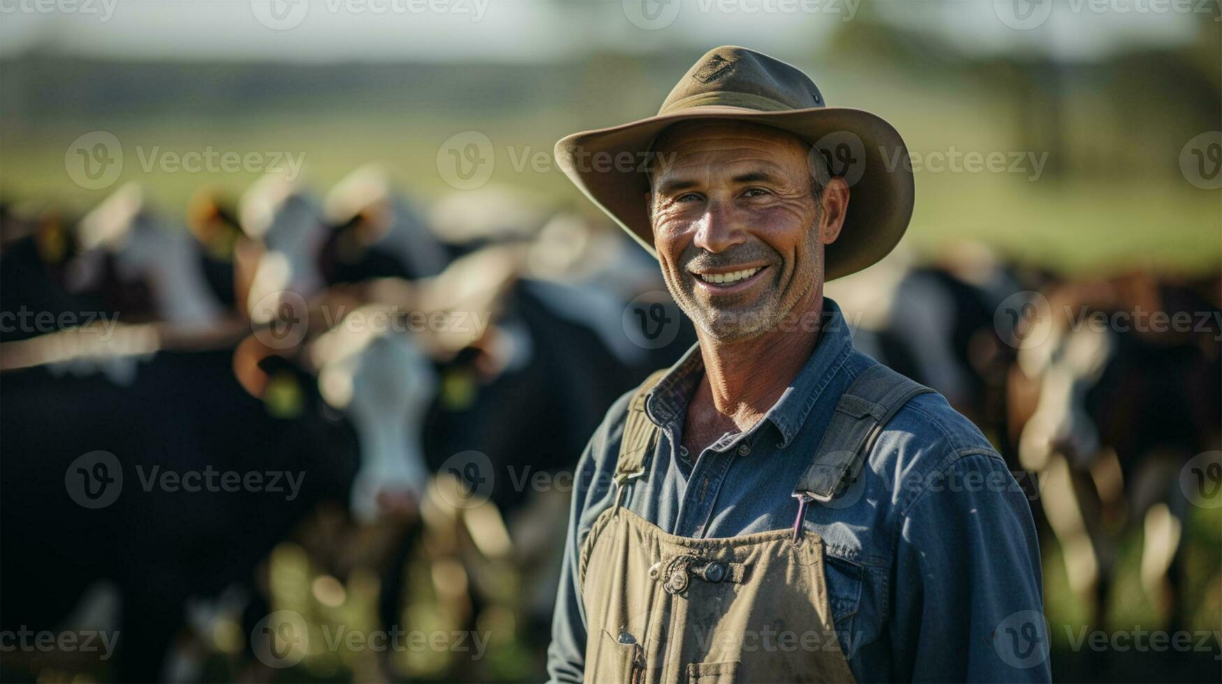 Farmer standing in front of herd of cows at sunset. Focus on man AI Generated photo