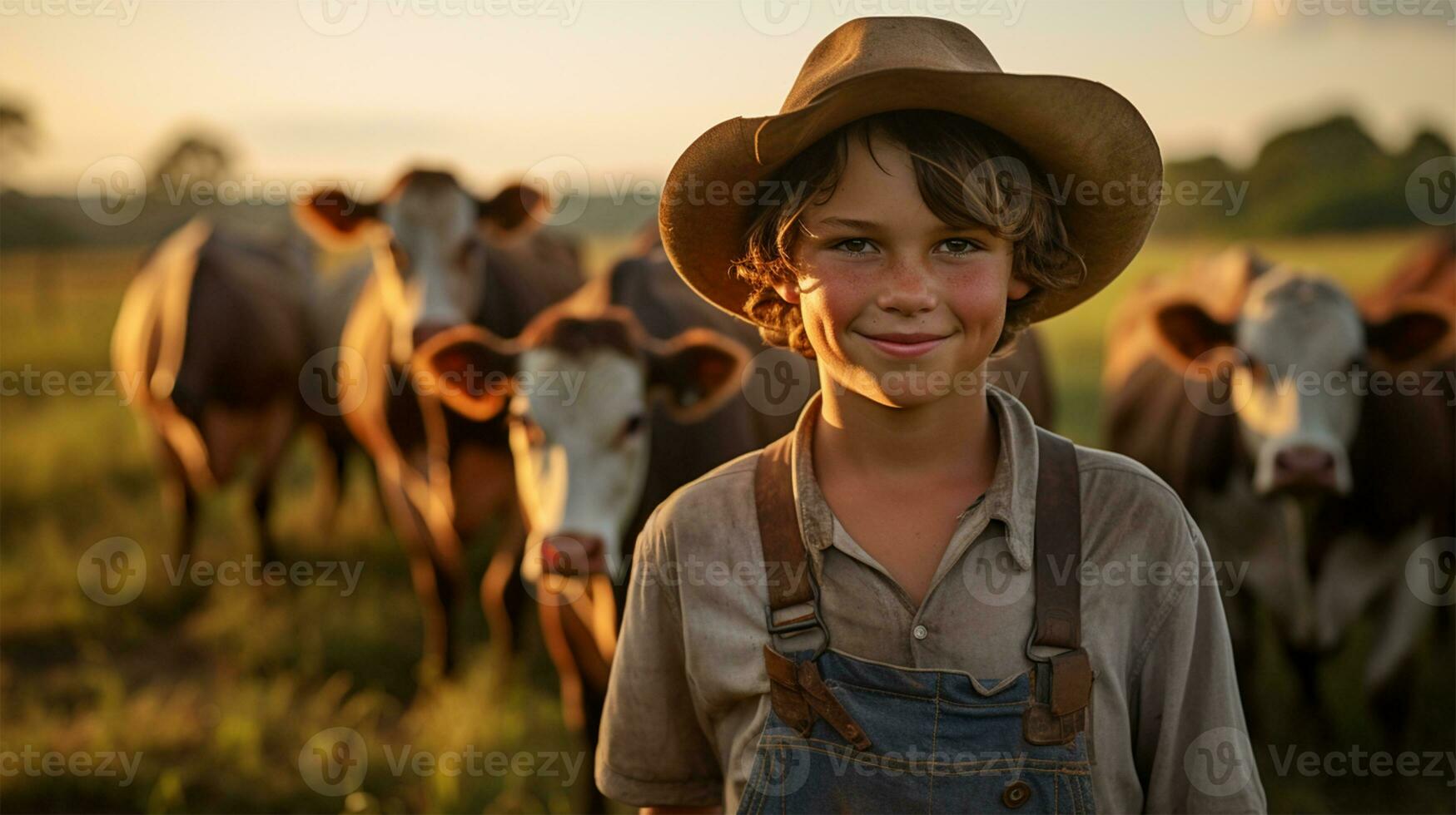 Portrait of happy boy standing in cowshed at farm during sunset AI Generated photo