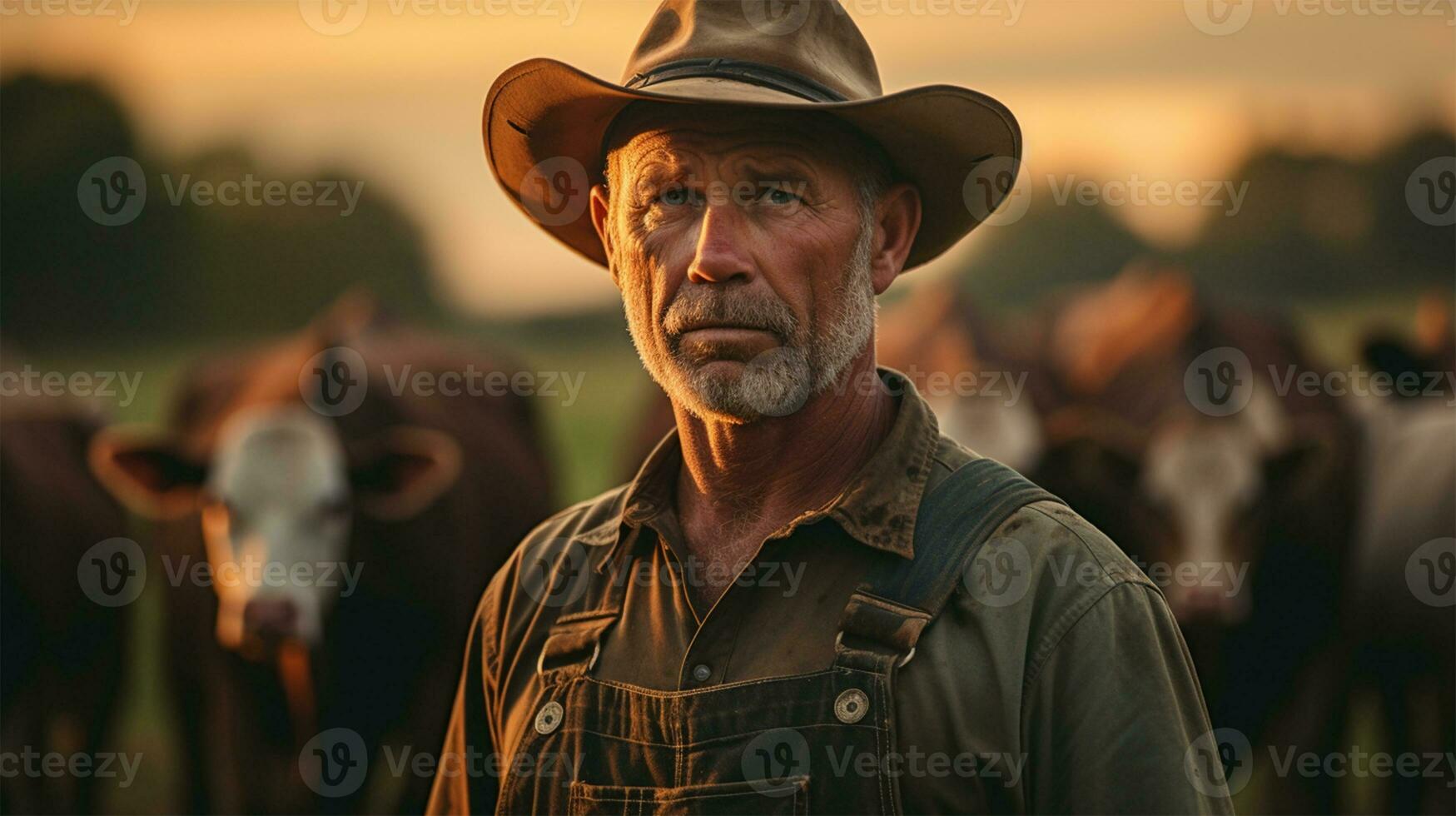 Farmer standing in front of herd of cows at sunset. Focus on man AI Generated photo