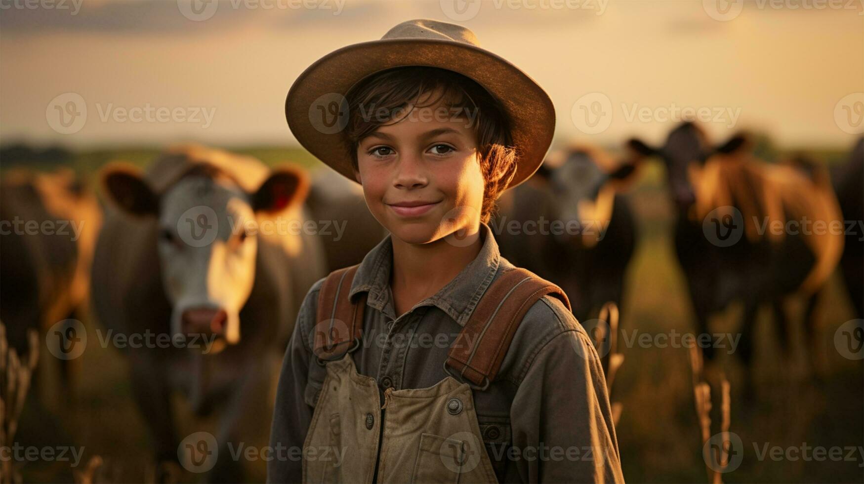 retrato de contento chico en pie en establo a granja durante puesta de sol ai generado foto