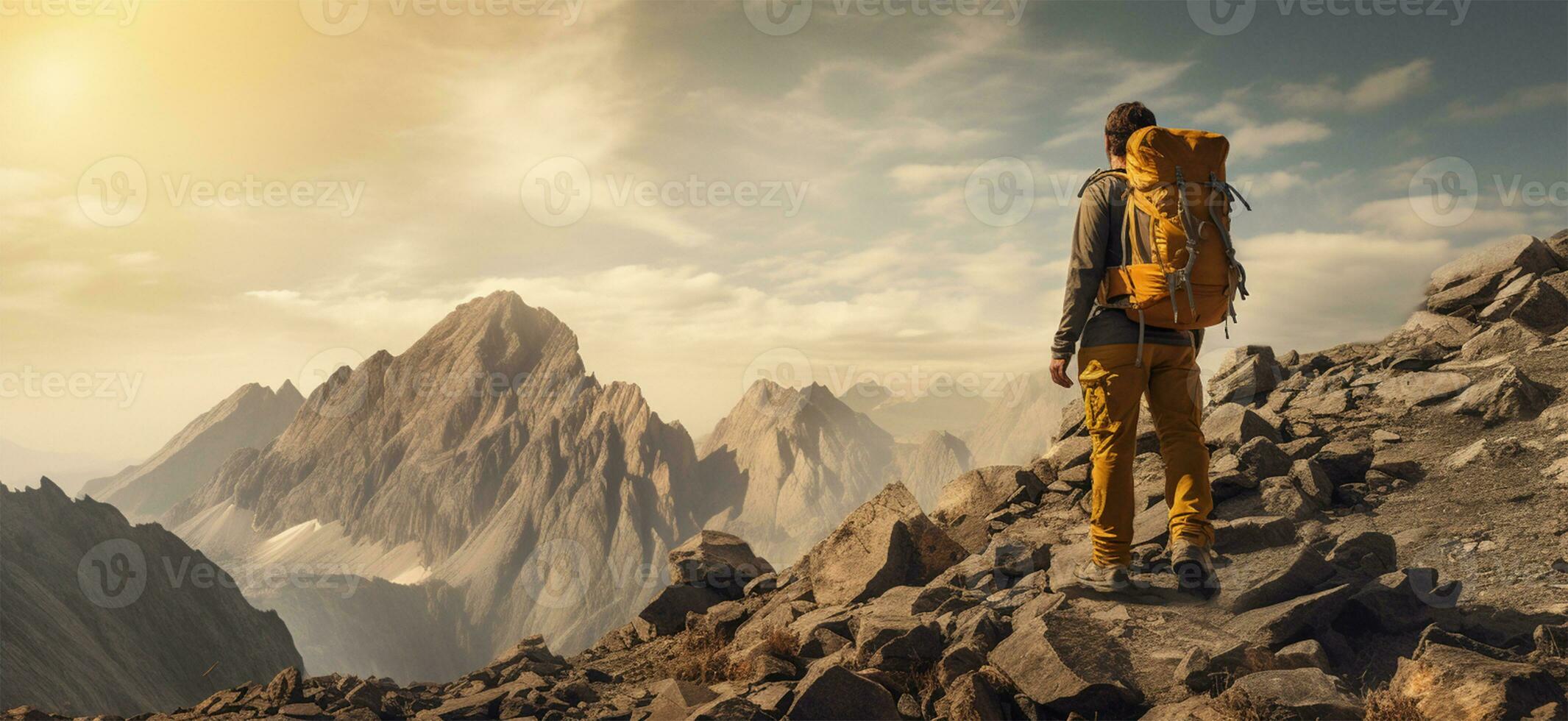 Man standing on the top of a mountain with a beautiful sunrise in the background AI Generated photo