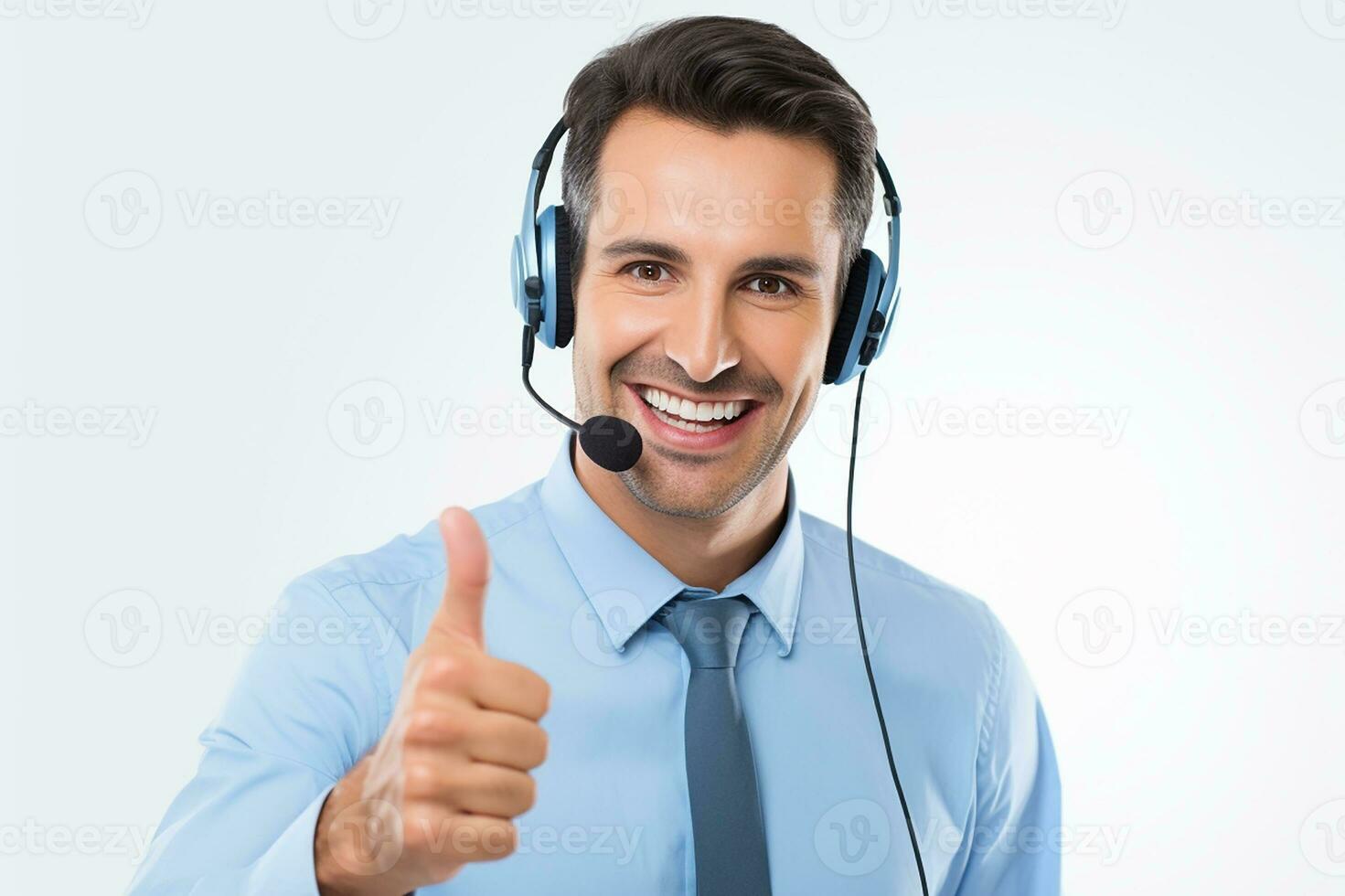 Portrait of a handsome smiling man, a support operator, with a headset and a microphone. Colcetra employee makes ok sign, thumbs up, great sign photo