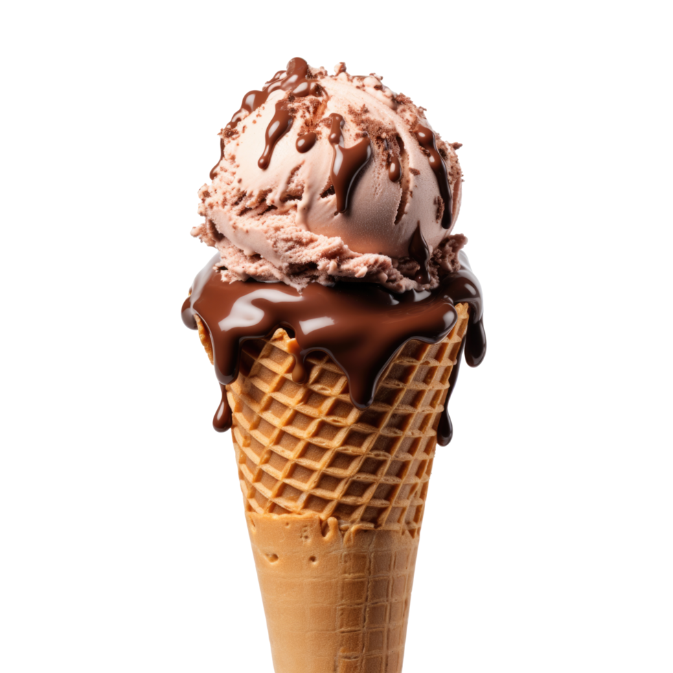 AI generated Chocolate ice cream waffle cone with syrup close up isolated on transparent background Ai generated png