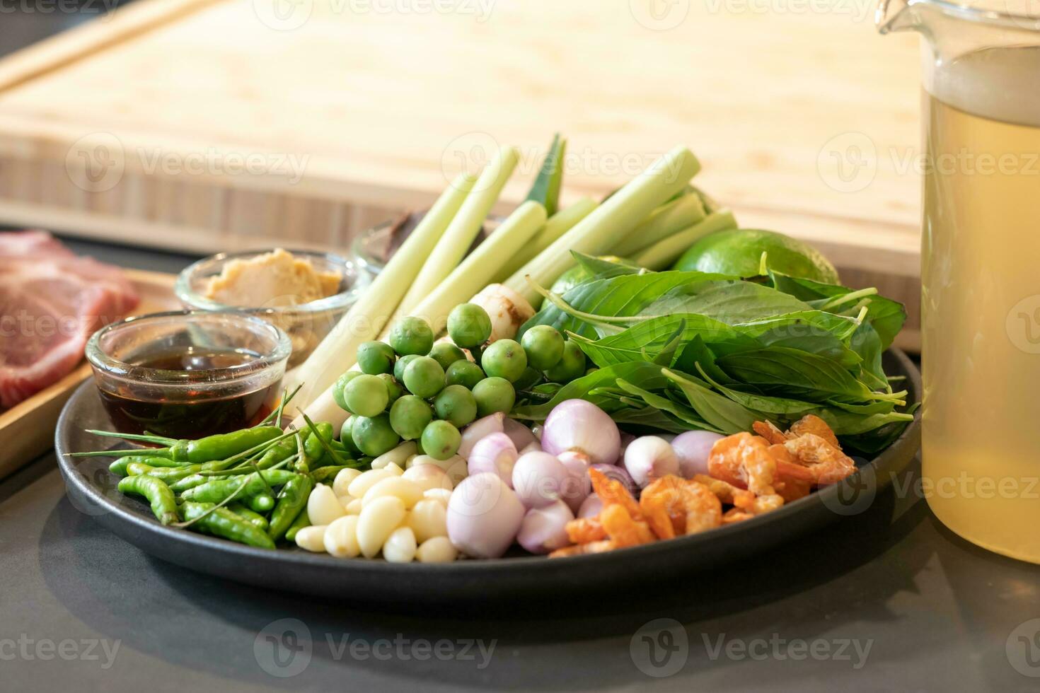 Herb ingredients for Thai Food cooking menu on the counter kitchen ready to process. photo