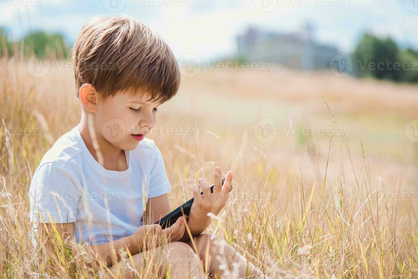 Cheerful child sitting on the grass looks cartoons in the phone in the summer at sunset. Cute boy having fun in nature photo