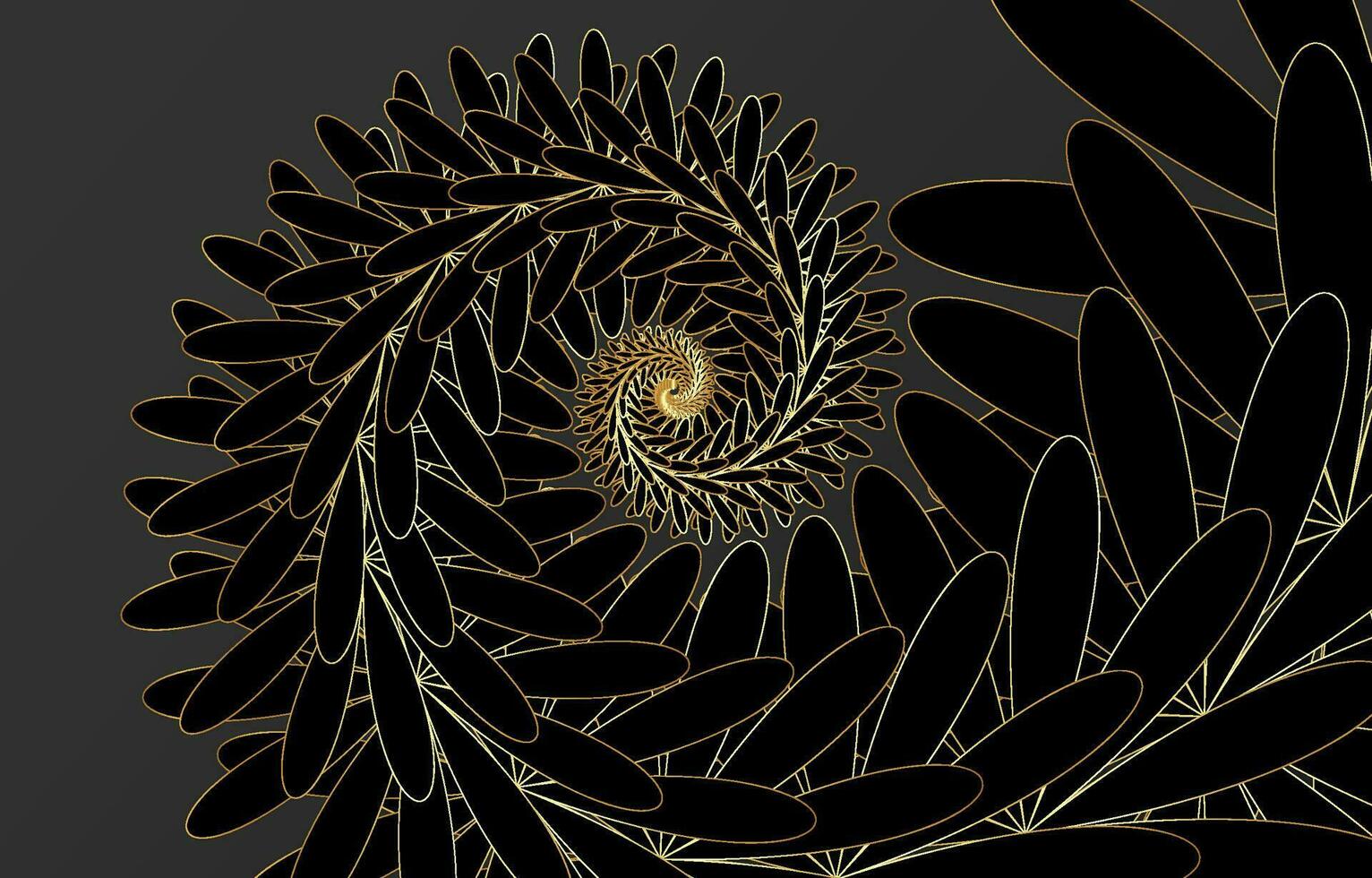 Fibonacci spiral background. Abstract black and gold Nautilus Fibonacci pattern template, golden luxury vector illustration on gray background