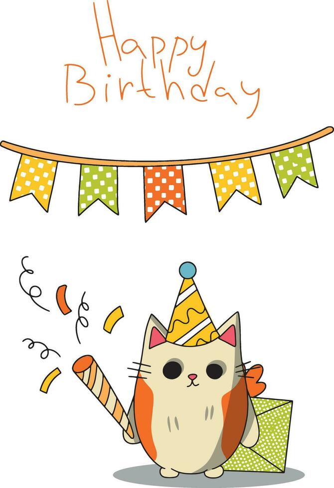 contento cumpleaños tarjeta y fiesta invitación con linda gato y regalo con velas vector
