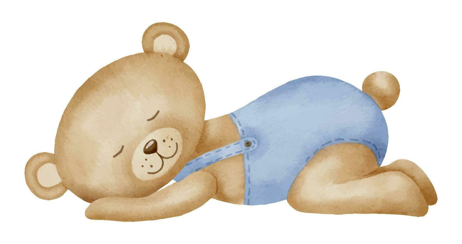 Cute little sleeping Teddy Bear. Hand drawn watercolor illustration of animal toy for Baby shower greeting cards or invitations. Childish drawing for nursery design or kids postcards in pastel colors vector