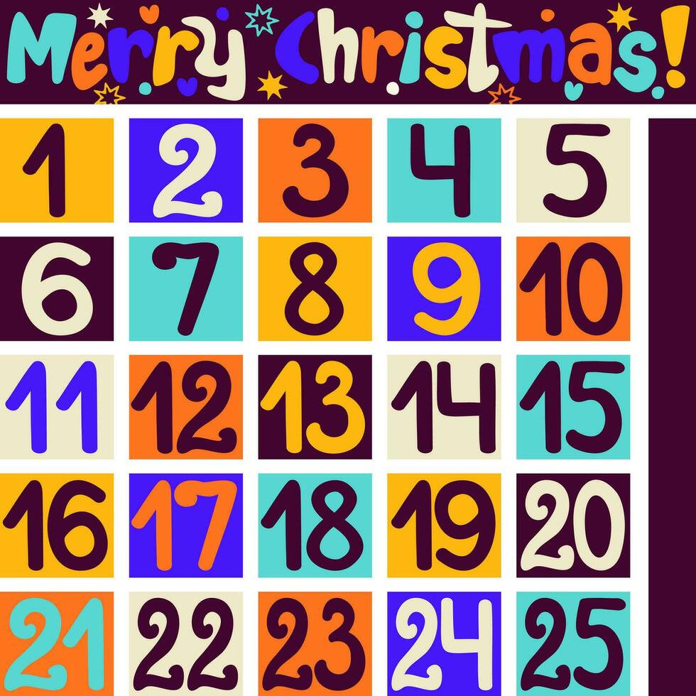 Advent calendar with bright Christmas decoration. Countdown to Christmas with numbers. Xmas numbers vector