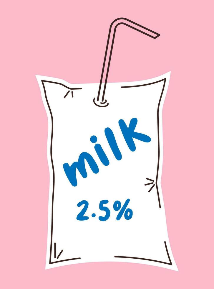 Cellophane packaging of milk with a straw. Vector illustration in retro style. Old packaging.
