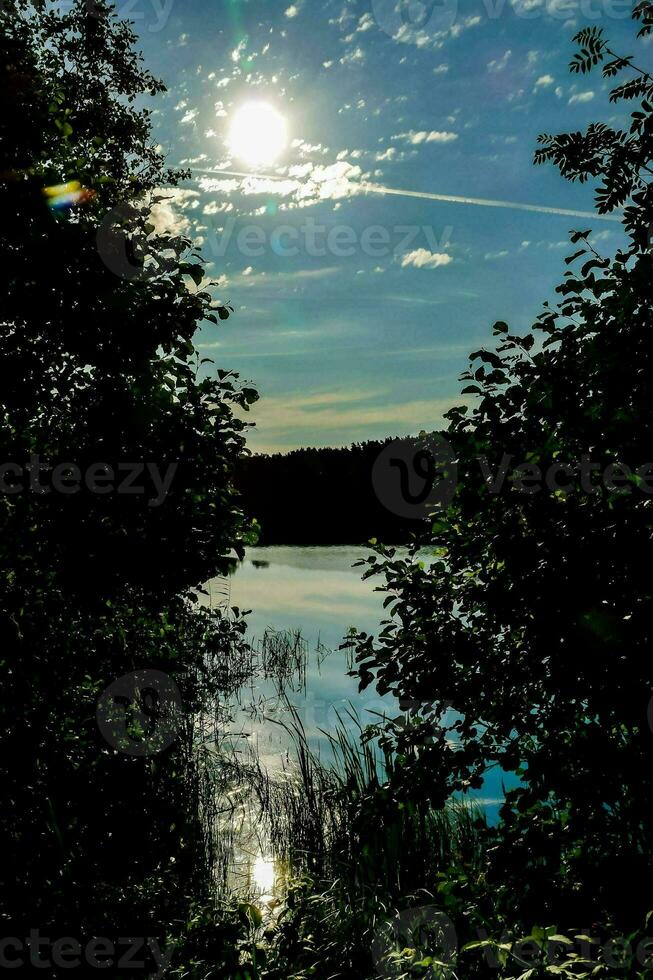 the sun shines over a lake in the forest photo