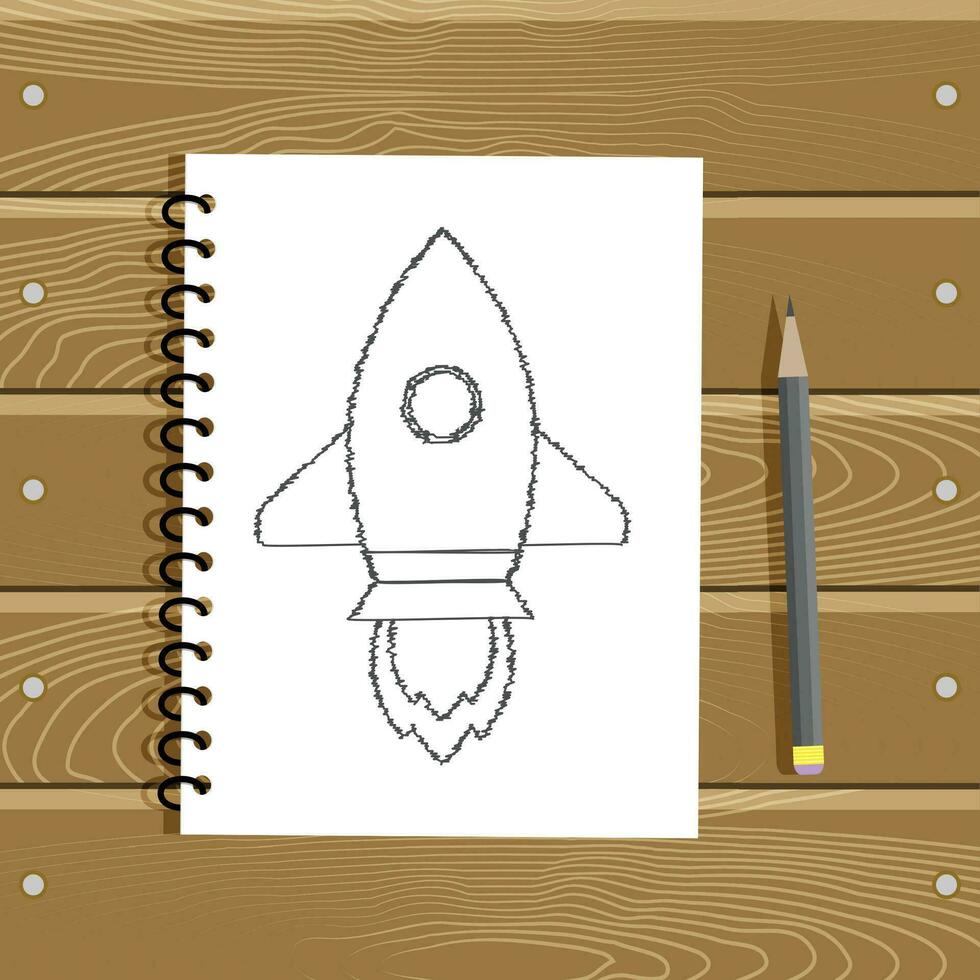 Startup project concept business. Sketch pencil rocket on paper. Vector illustration