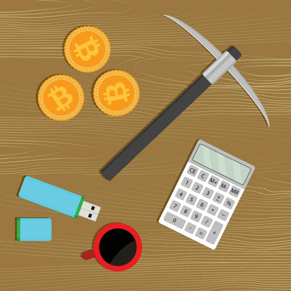 Mining bitcoin concept. Tools for mine. Calculator and pickaxe, cup of coffee and gold coin currency, vector illustration