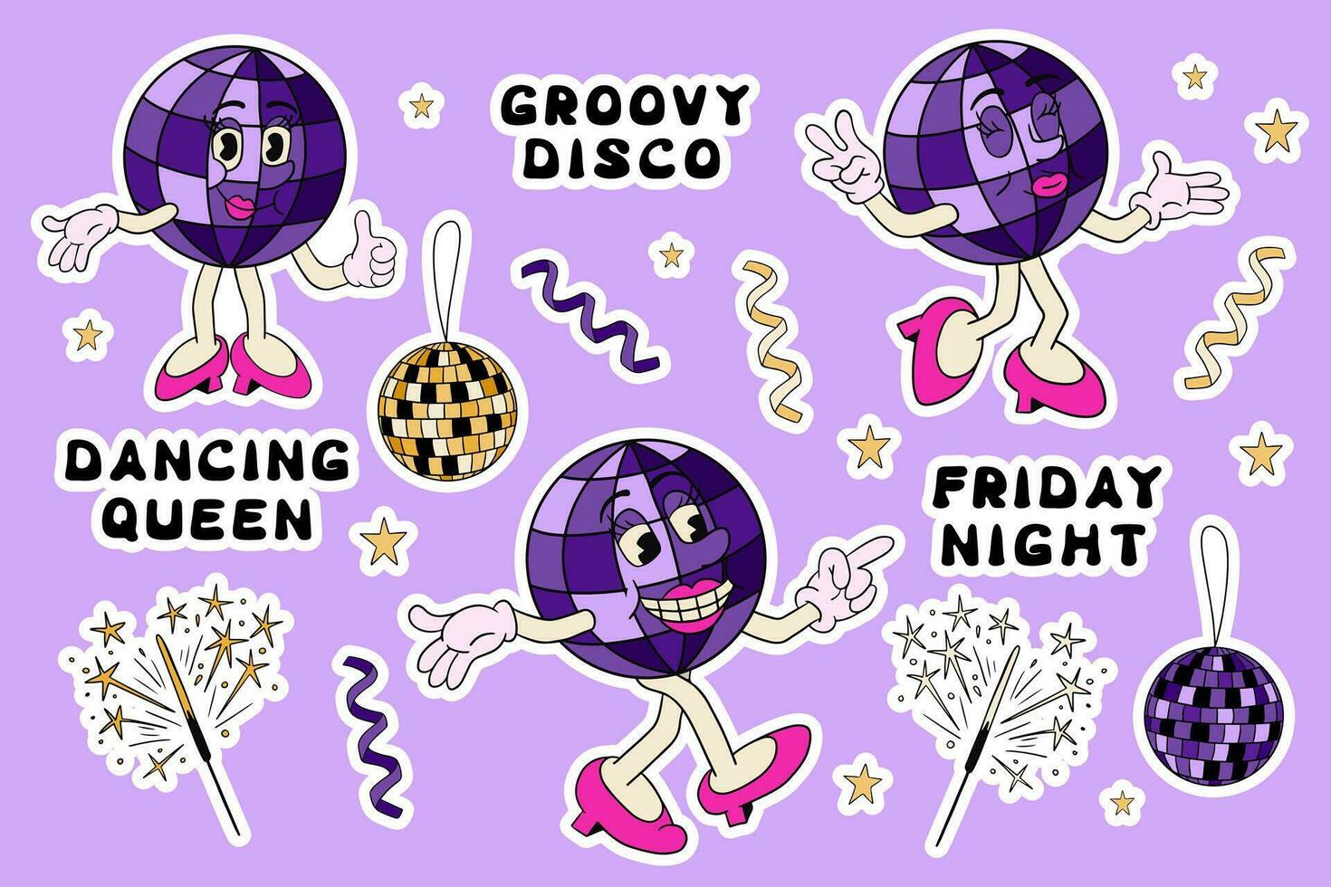 pegatina conjunto en 90s estilo con disco pelota personaje. Clásico gracioso dibujos animados personaje, disco fiesta relacionado elementos, maravilloso mano dibujado letras. Perfecto para imprimir, pegatinas, huellas dactilares vector