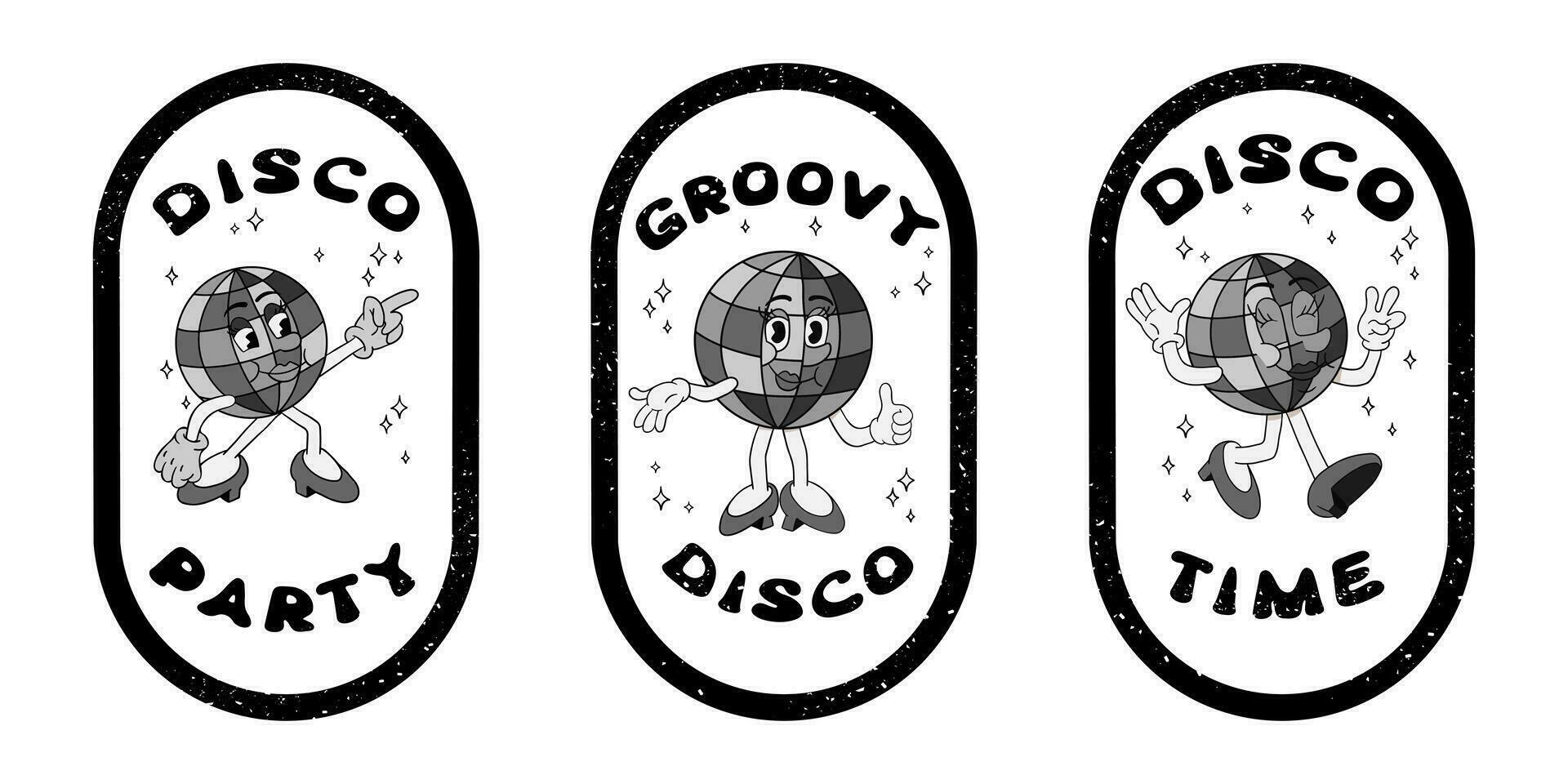 Set of grunge printouts with cartoon disco ball. Vintage hand drawn female old cartoon character with hand drawn lettering. Print design with scratches. Hippie compositions vector