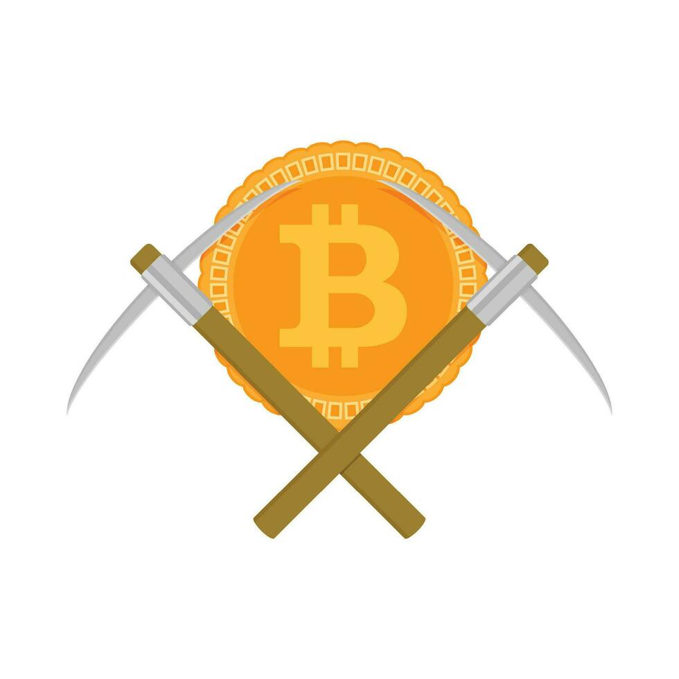Mining bitcoin and pickaxe. Gold finance miner, crypto digital and virtual cryptocurrency. Vector illustration