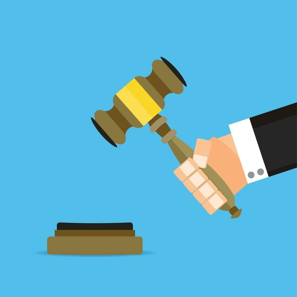 Verdict judge with hammer vector flat cartoon. Legal verdict judge, justice hammer, gavel authority, auction hammer. Vector illustration