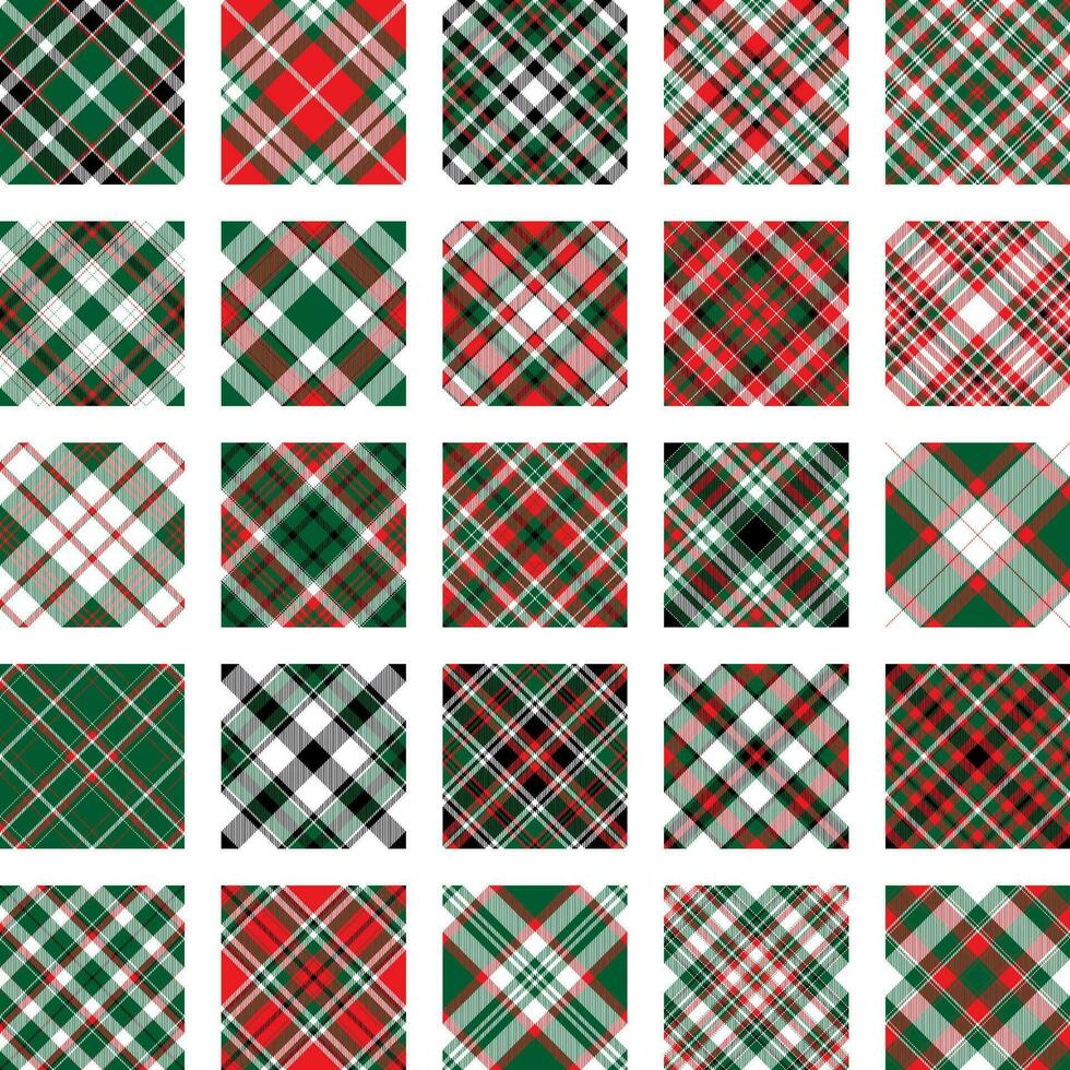 Christmas Pattern seamless of green, red and white vector plaid. Set Holiday background for greeting card, wrapping paper print or winter decor wallpaper.