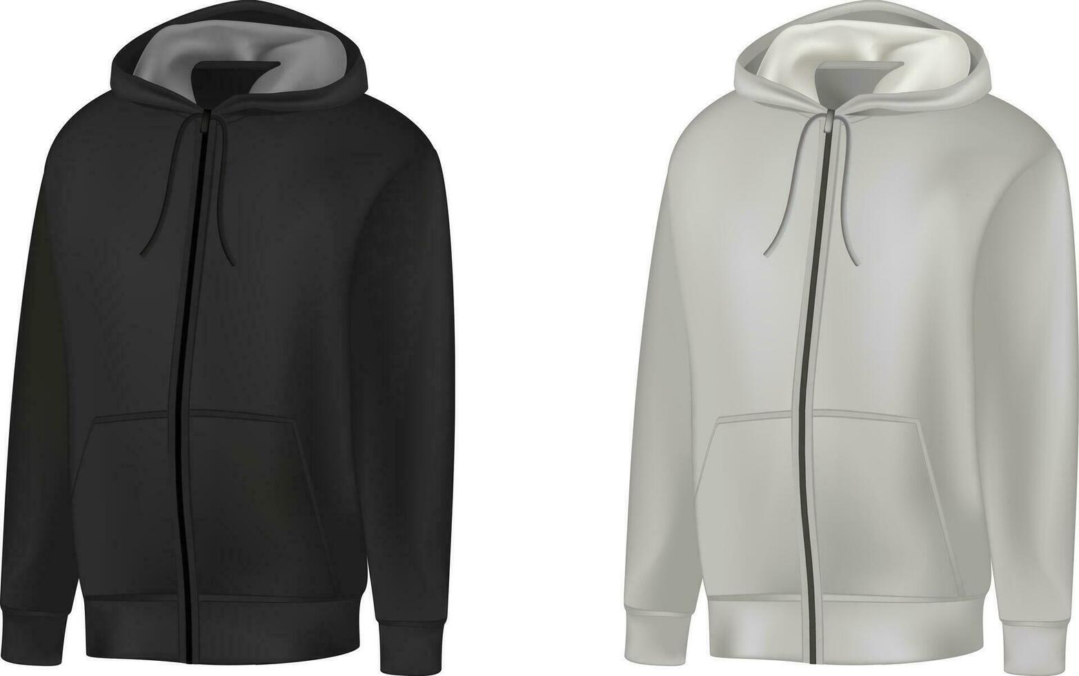 Blank black, gray mens hoodie sweatshirt long sleeve. Male hoody with hood front view. Vector template sport winter clothes for design mockup, print, isolated on white background