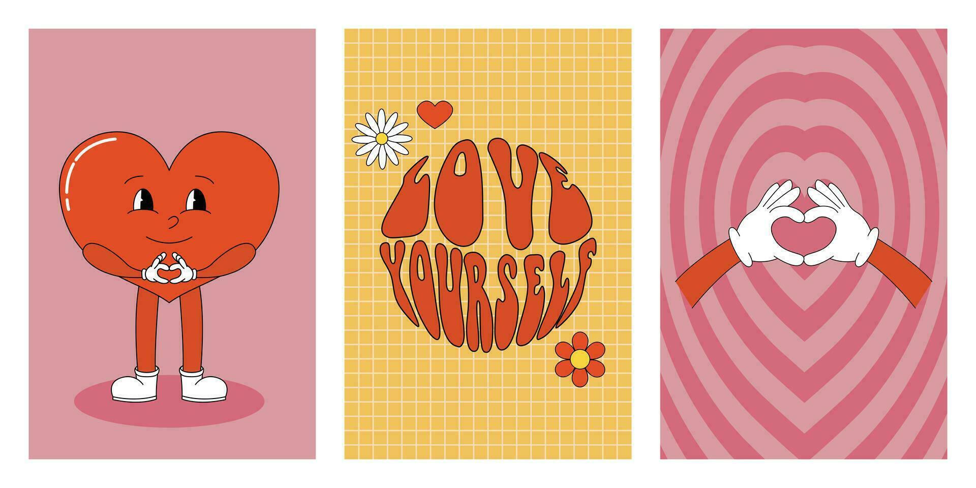 Love yourself poster with cute cartoon heart character. Groovy heart character. Set of hippie 60s 70s retro style Valentine's day posters. Vector illustration