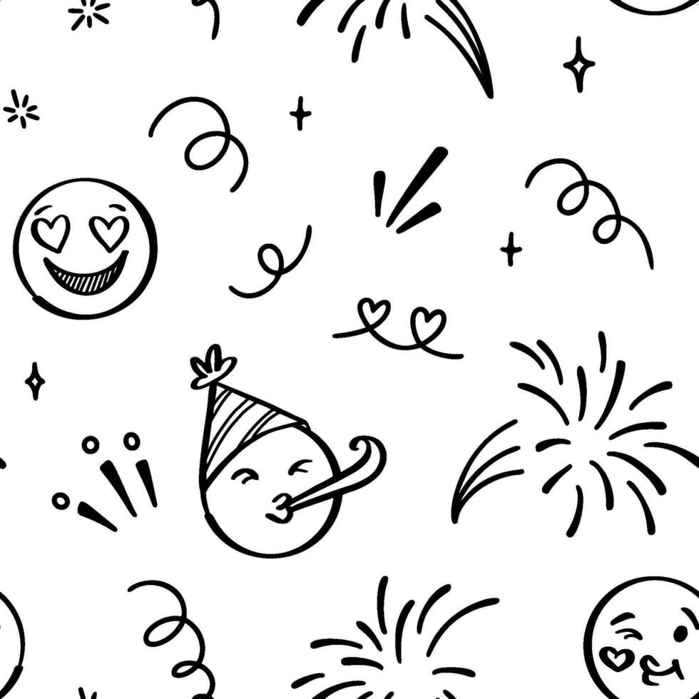 Doodle emoji seamless pattern. Hand drawn sketch birthday celebration background. Freehand emotion expression design vector