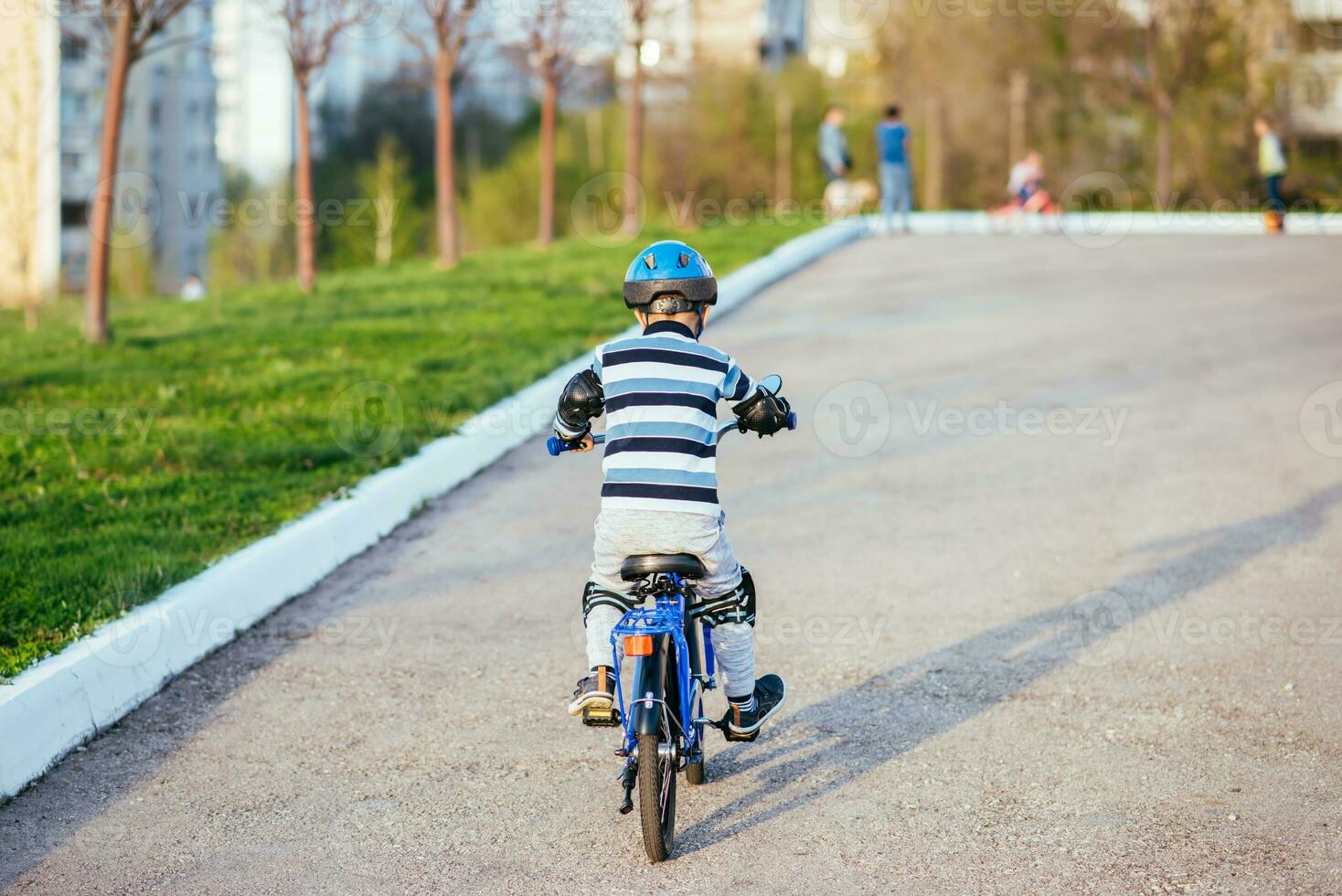 un niño en un casco y proteccion en un bicicleta paseo en naturaleza en el primavera foto