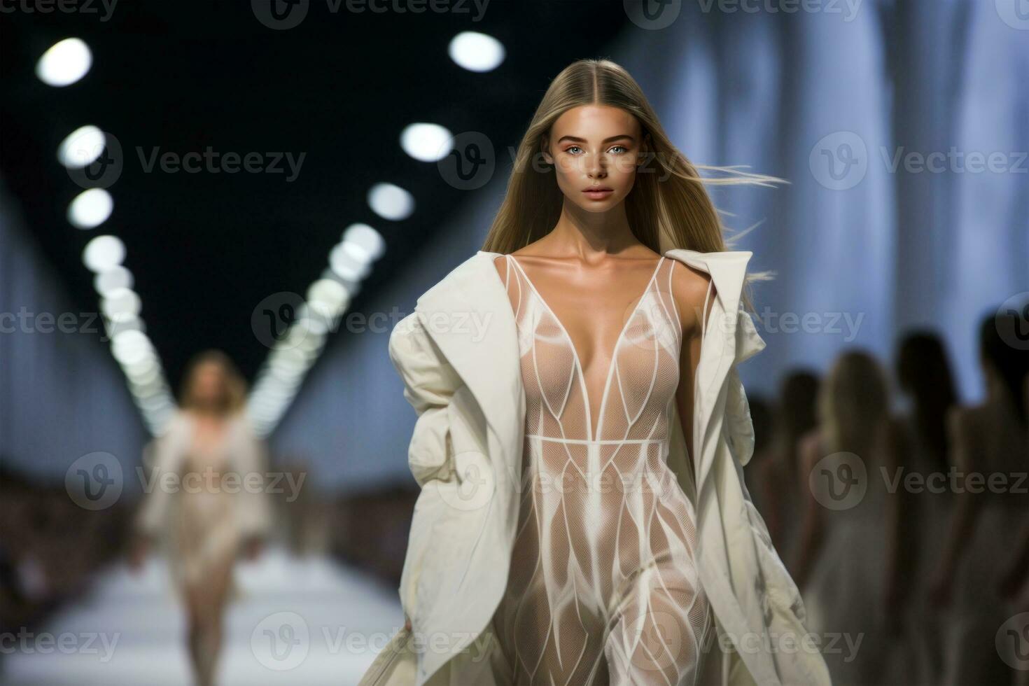 AI generated Female fashion model on catwalk event. Generative AI photo
