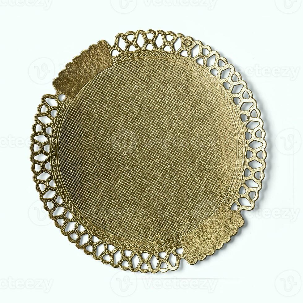 Golden plate or tray isolated over white background photo