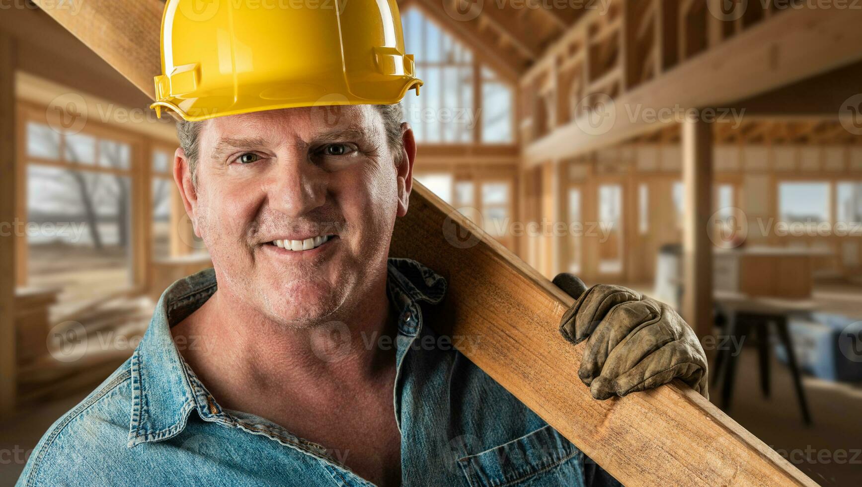 masculino contratista a un construcción sitio vistiendo un difícil sombrero y trabajo guantes participación madera Tablas de madera. foto
