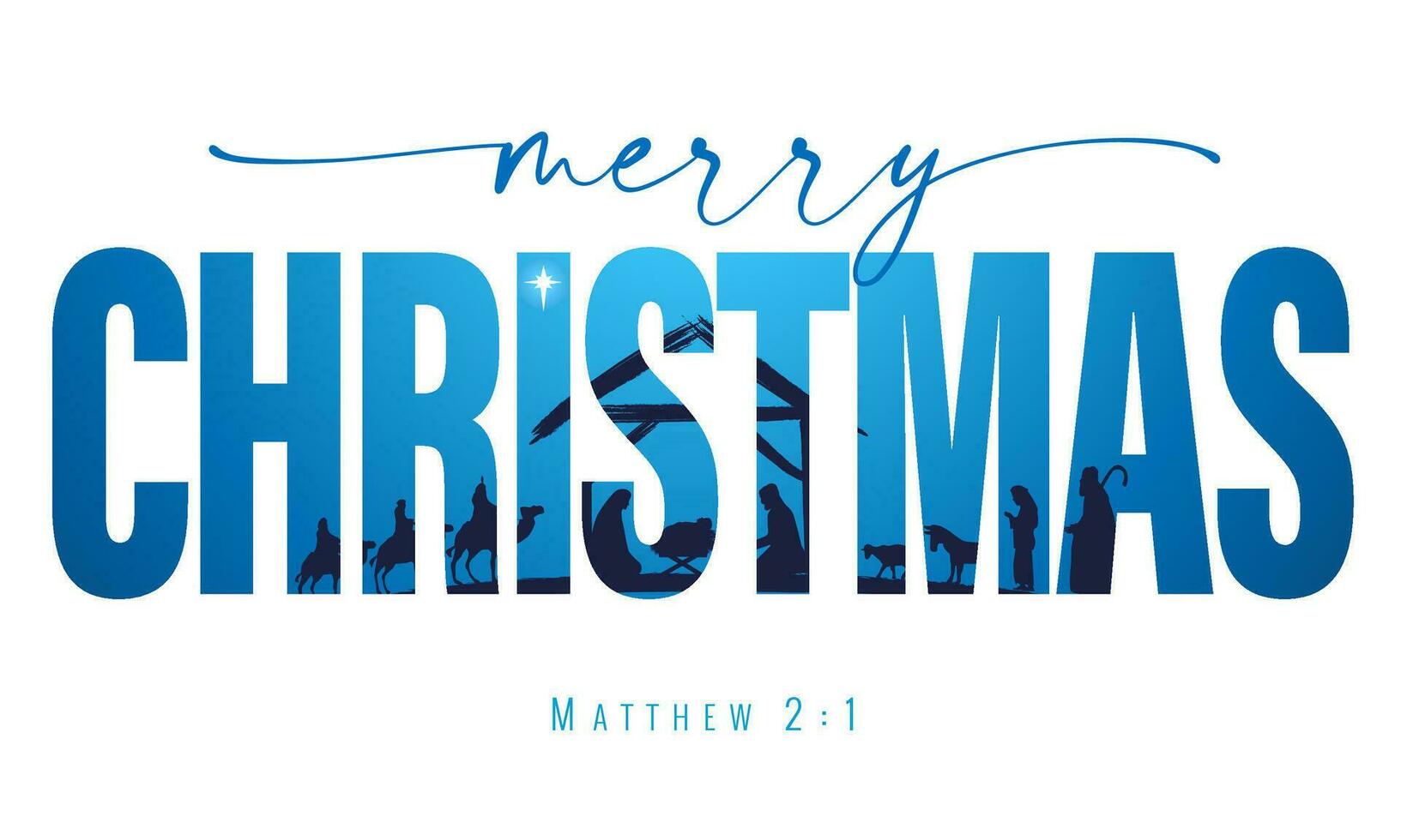 Merry Christmas elegant lettering with nativity scene.  Creative banner. vector