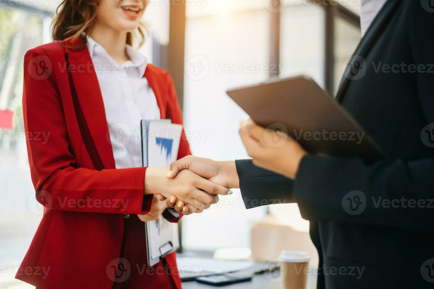 Two confident business man shaking hands during a meeting in the office, success, dealing, greeting and partner photo