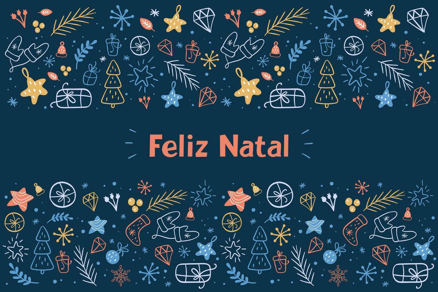 alegre Navidad en portugués con vistoso adornos oscuro antecedentes. guantes, pino árbol, Navidad pelotas, regalo, estrellas, sucursales. vector