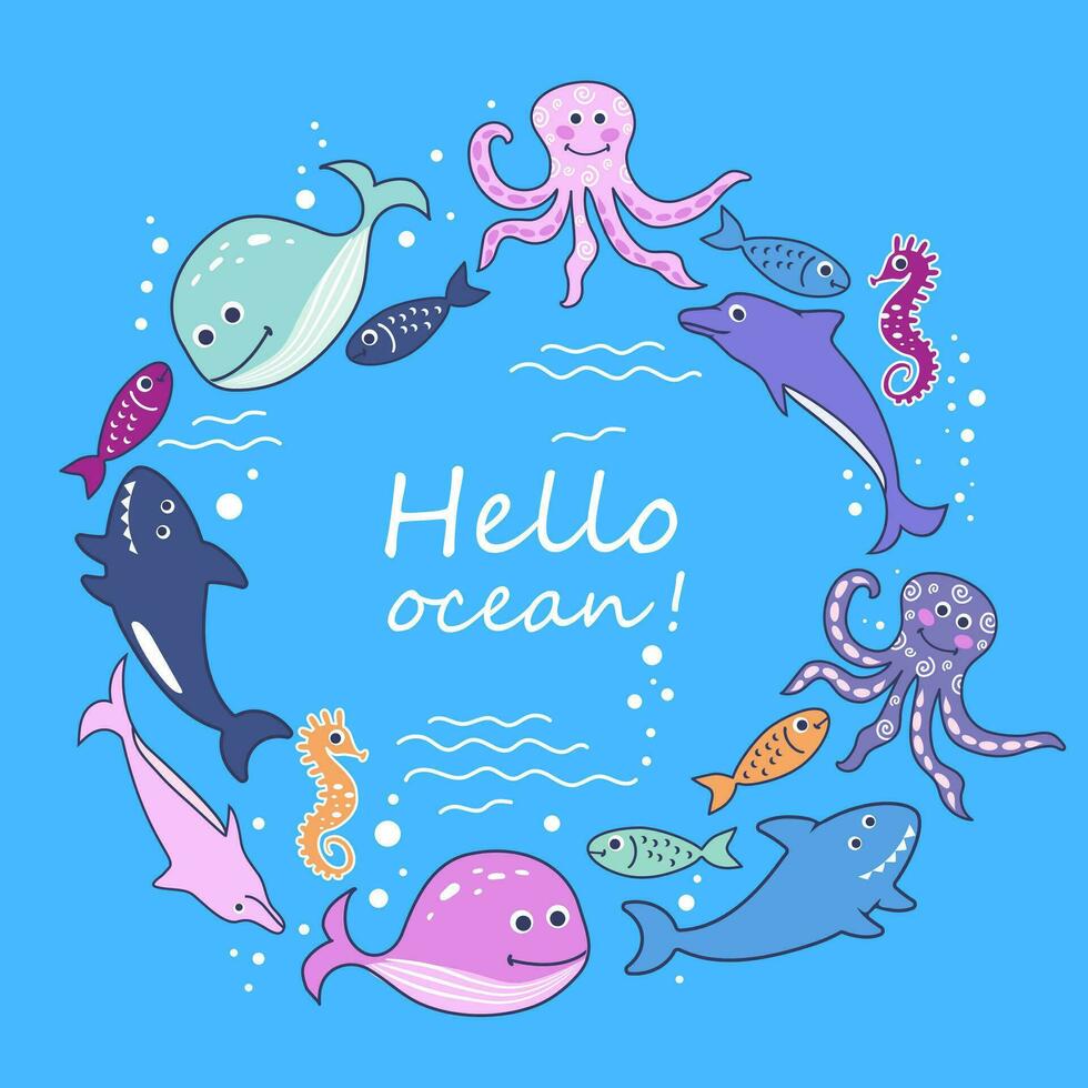 Frame with swimming fish, whales, sharks, octopuses and seahorses. vector