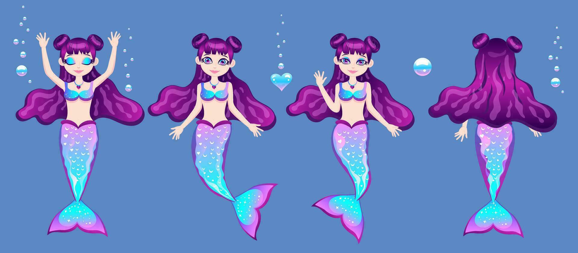 Little mermaid character in different poses. vector